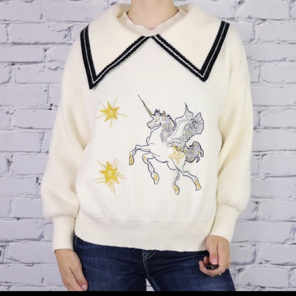 Embroidered Unicorn Soft Plush Cream Sweater - Picture 2 of 7
